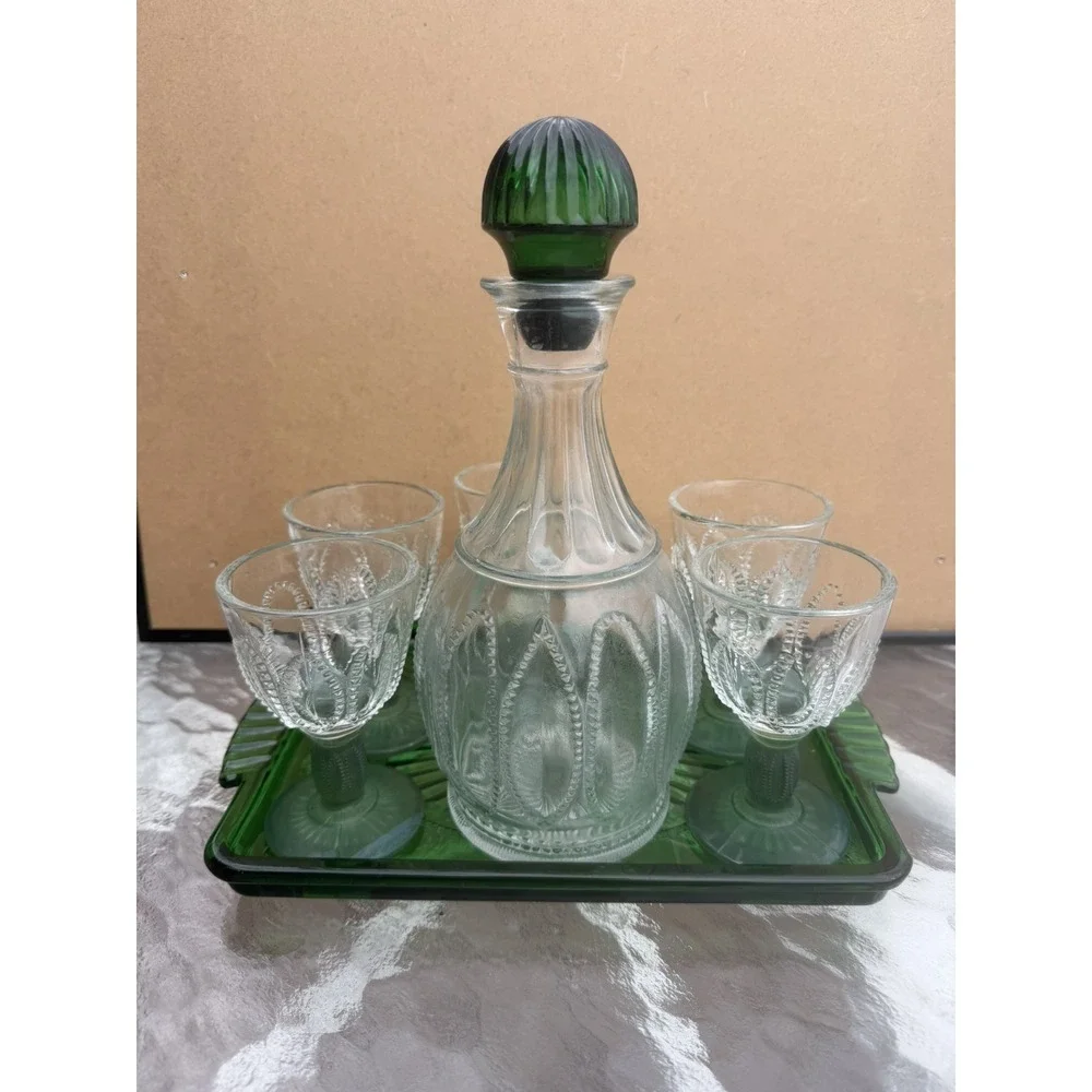 Vintage Avon Green Pressed Glass Decanter Set w/ 5 Cordials & Tray 1980s Barware